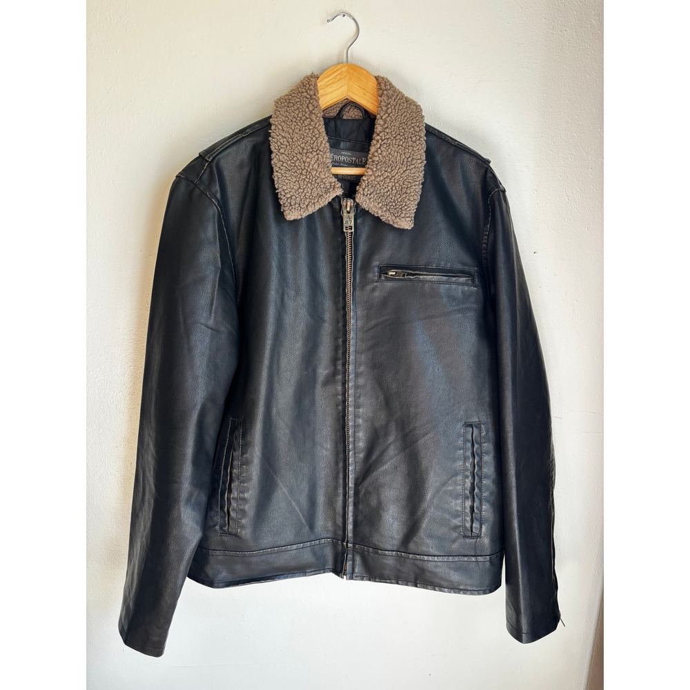 VTG Aeropostale Mens Black Faux Leather Sherpa Collar Bomber Jacket CGA087 Large